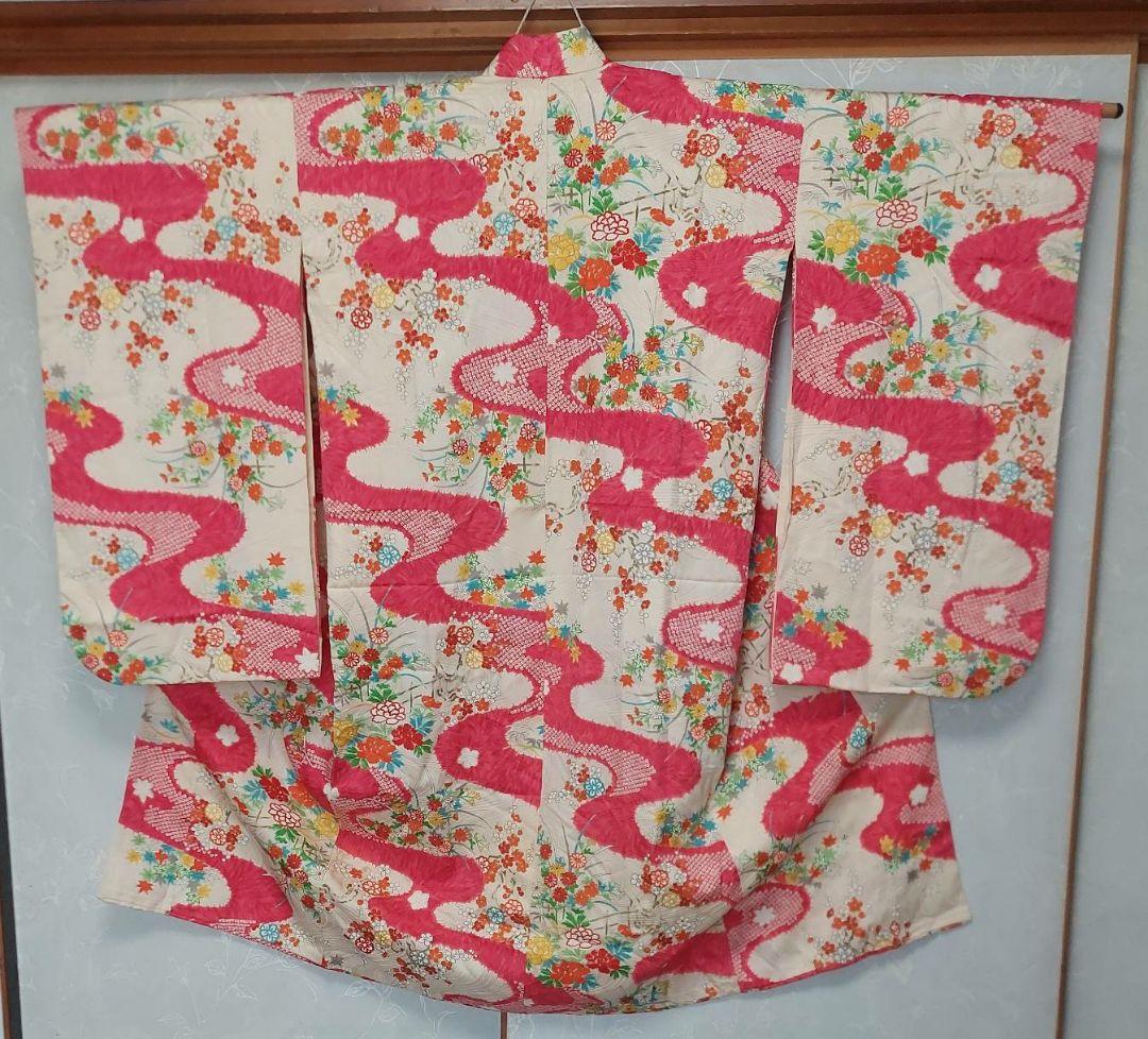 NA54アンティーク子供着物正絹しつけ糸着丈107センチ裄丈57センチ