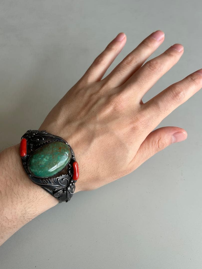 ナバホ 　ターコイズ　バングル　コーラル　925 インディアンジュエリー