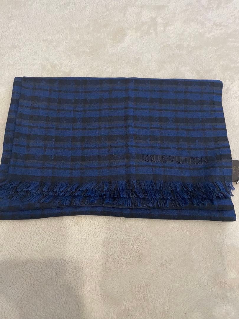 T*d様 ルイ・ヴィトン　ブルーチェックモノグラム柄ウール50シルク50マフラー