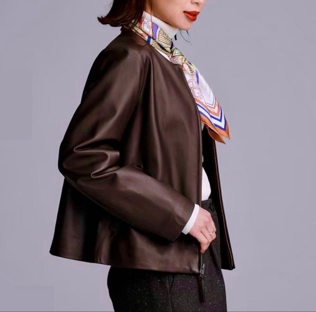 未使用JOSEPH◆レザーブルゾン40チョコレートブラウン15万ノーカラー羊革