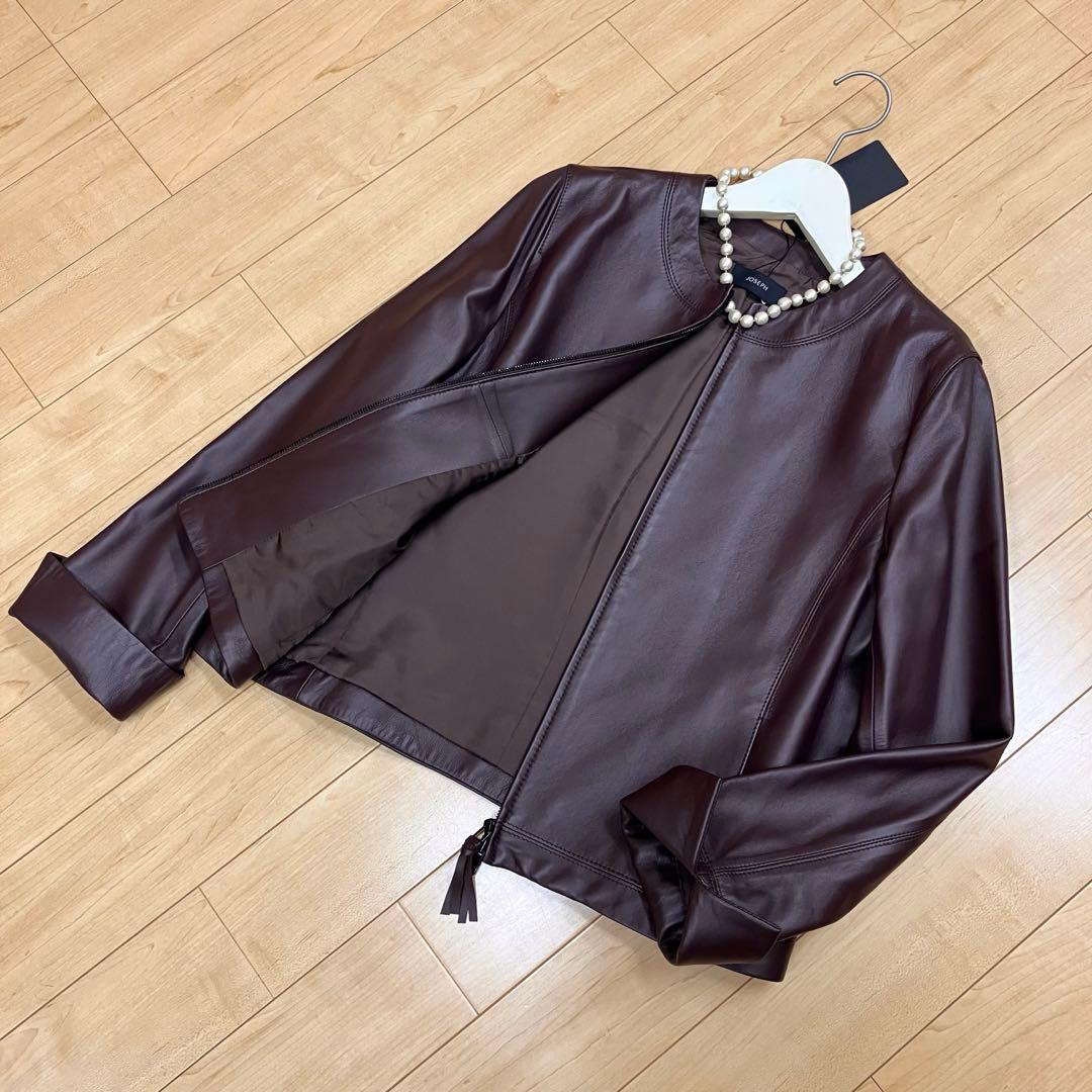 未使用JOSEPH◆レザーブルゾン40チョコレートブラウン15万ノーカラー羊革