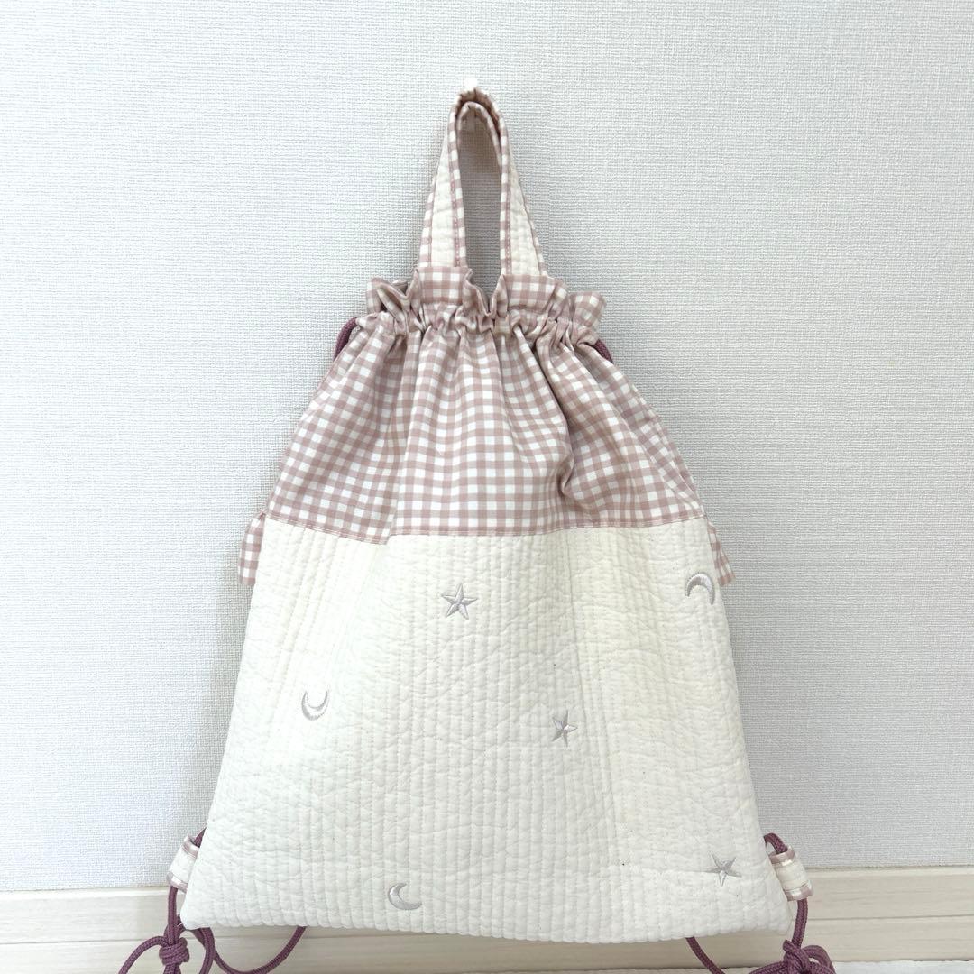 入園入学3点セット　 【月と星ヌビ×くすみピンク】　女の子　手提げ　ループ