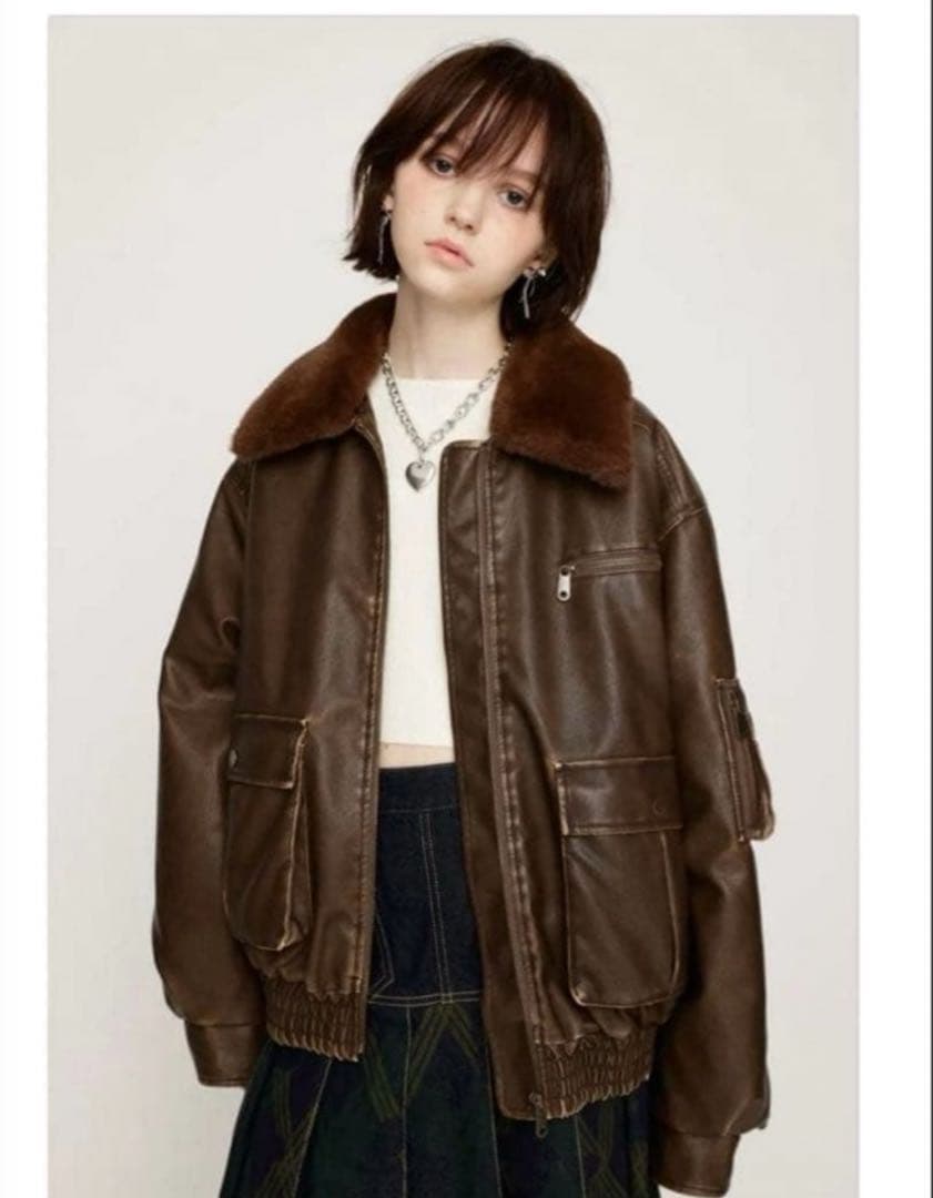 SLY ヴィンテージフェイクレザーショートブルゾン　ブラウン