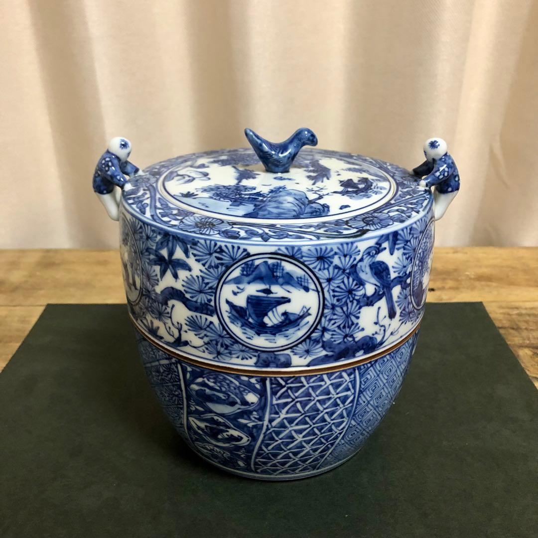 高野昭阿弥 青華祥瑞写二閑人水指 共箱 茶道具