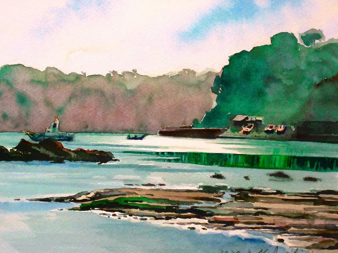 水彩画「光る海」