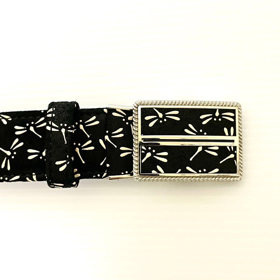 【美品】印傳屋 ベルト　印伝 インデンヤ トンボ　鹿革 レザーベルト 黒