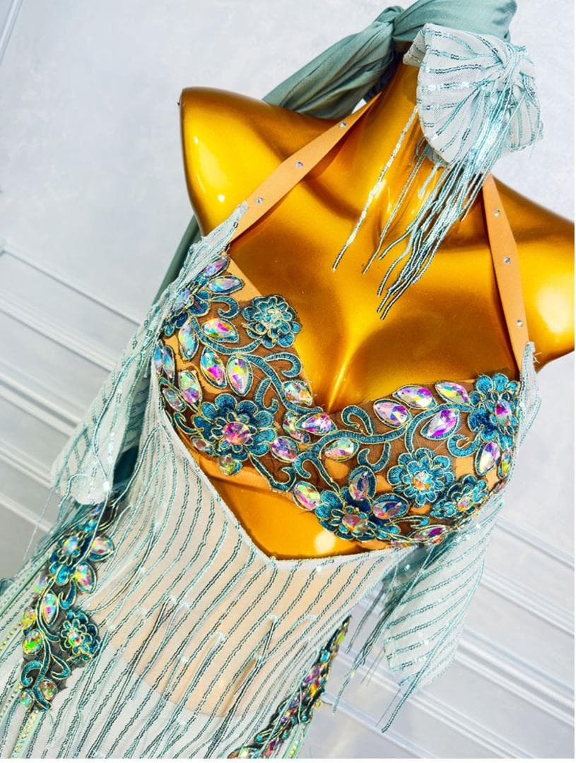 ベリーダンス衣装 スパンコールフリンジ ロングドレスライトブルー