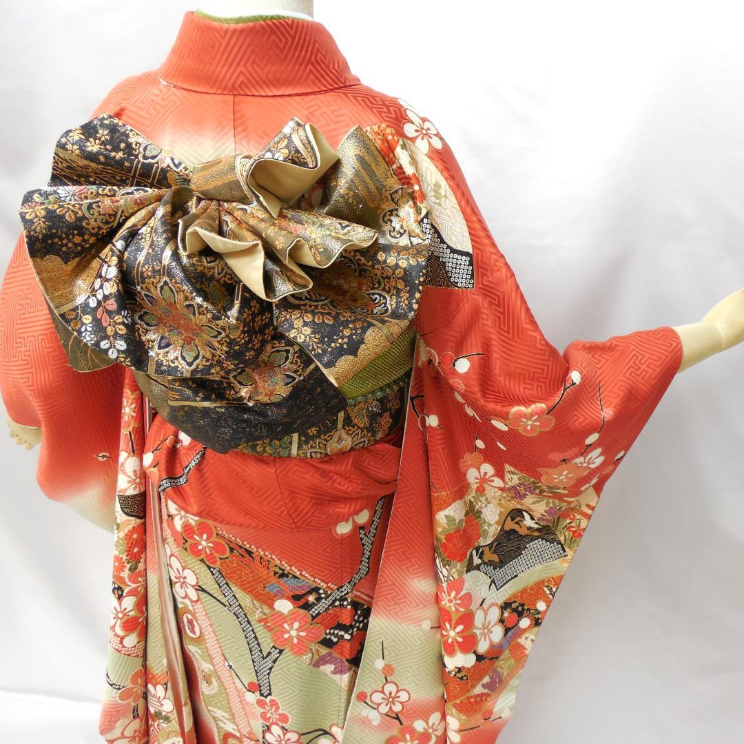 極美品★振袖フルセット　正絹　成人式　振袖　7点　Mサイズ　赤　古典柄　花柄