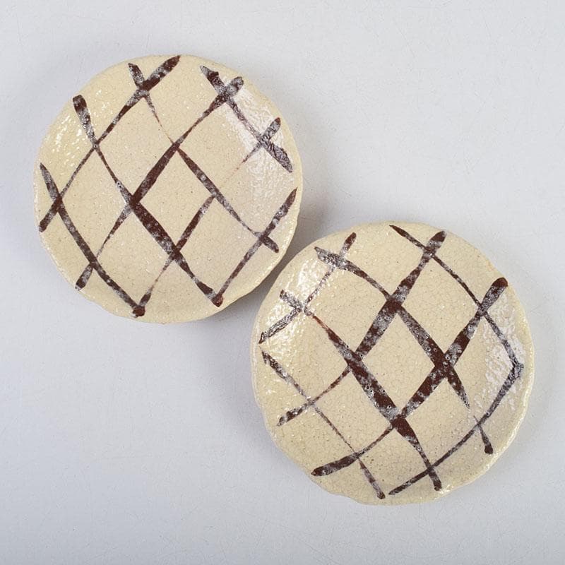 北大路魯山人作　網目文　銘々皿　五客　銘「磯風」　清水公照極め箱　M　R9391