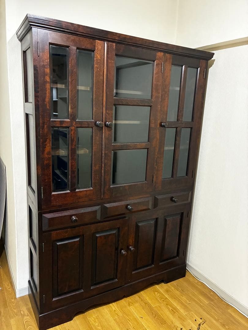 ☆送料込み☆ 民芸　民藝　木製食器棚 ダークブラウン ガラス扉付き