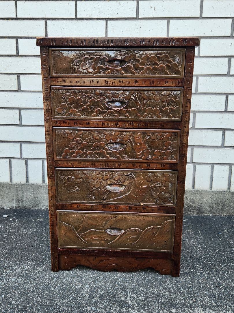 軽井沢彫　5段引出し　チェスト　桜