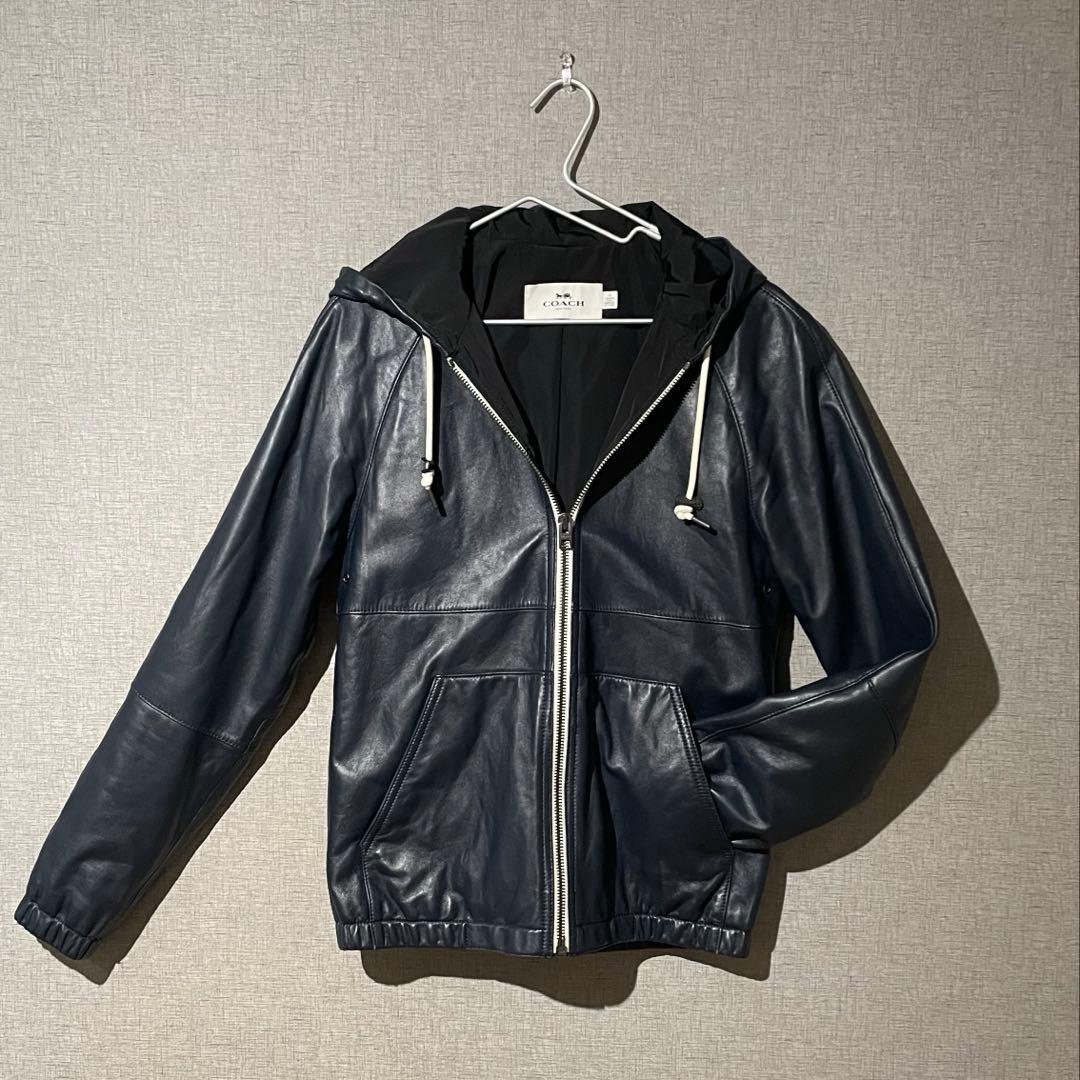 秋*月様 COACH レザージャケット　レザー　フード　パーカー　ブラック