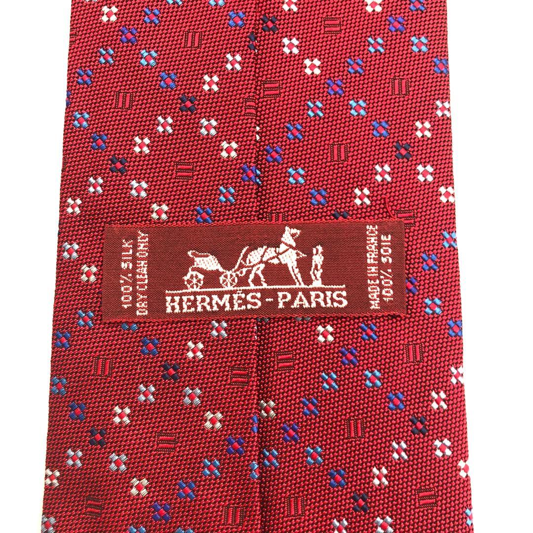 【極美品】HERMES ネクタイ 格子柄 花柄 ジャガード織 レッド