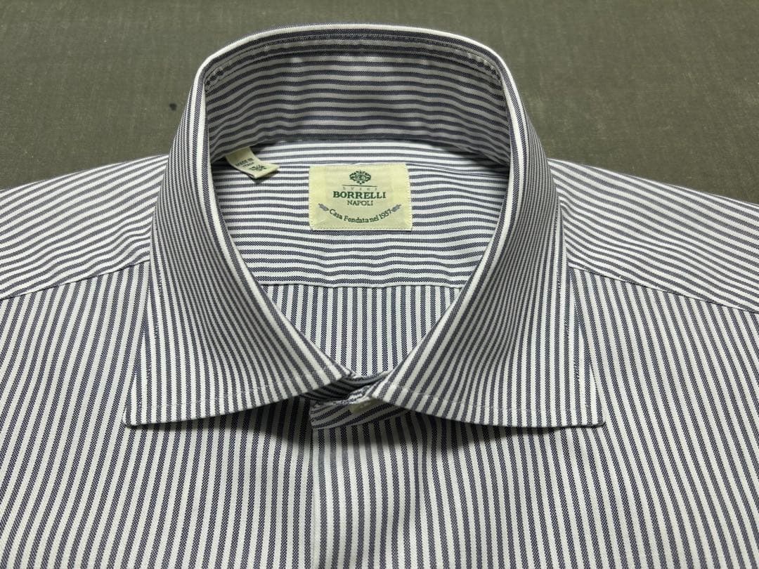 【新品同様】 LUIGI BORRELLI ワイドカラーシャツ 39 M 白×紺