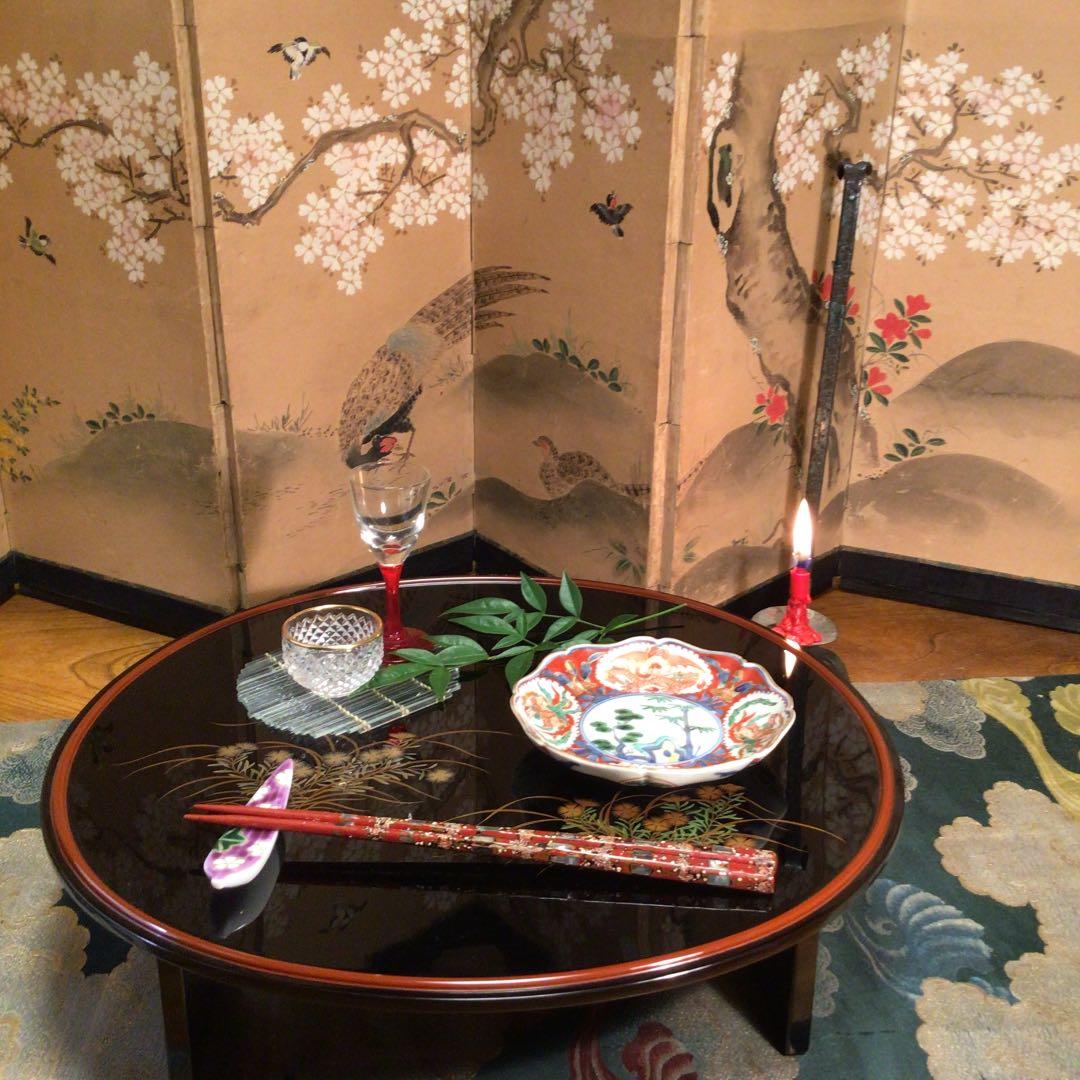 A608 古伊万里　極上赤絵　窓絵に団龍鳳凰紋様　綾花型　金縁　小皿5枚（箱付）