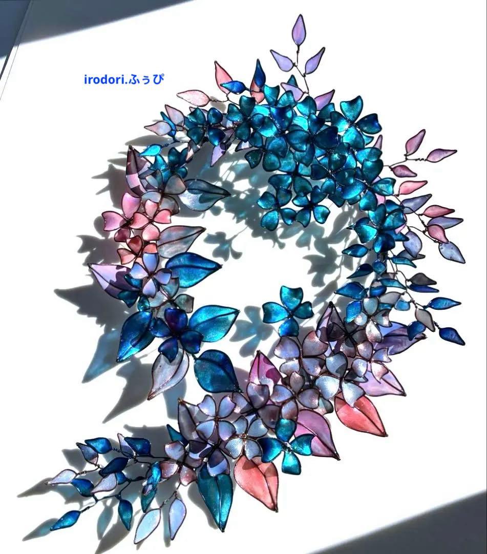 大きなフラワーボタニカルリース　ワイヤークラフト　ディップアート　アート