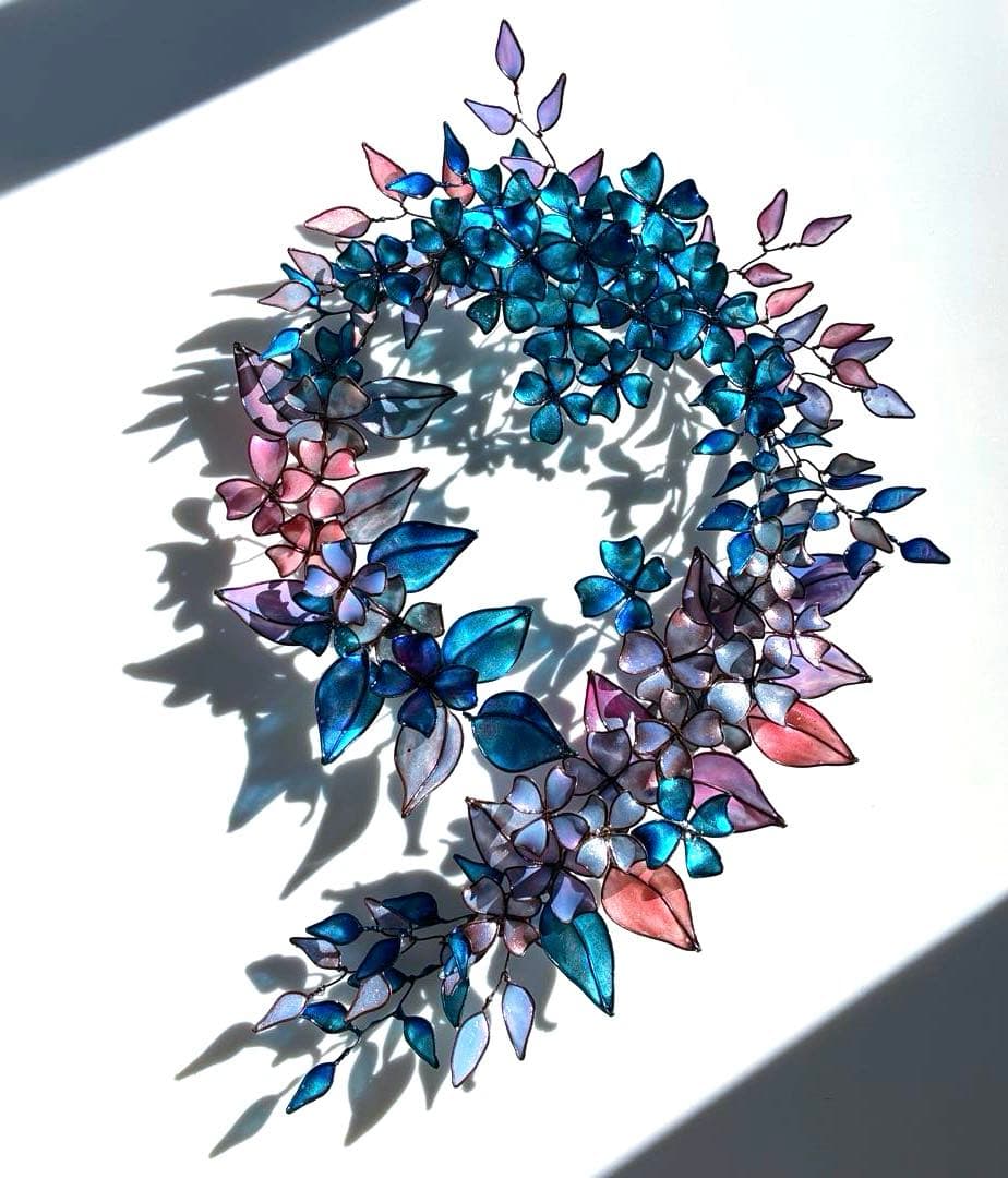 大きなフラワーボタニカルリース　ワイヤークラフト　ディップアート　アート