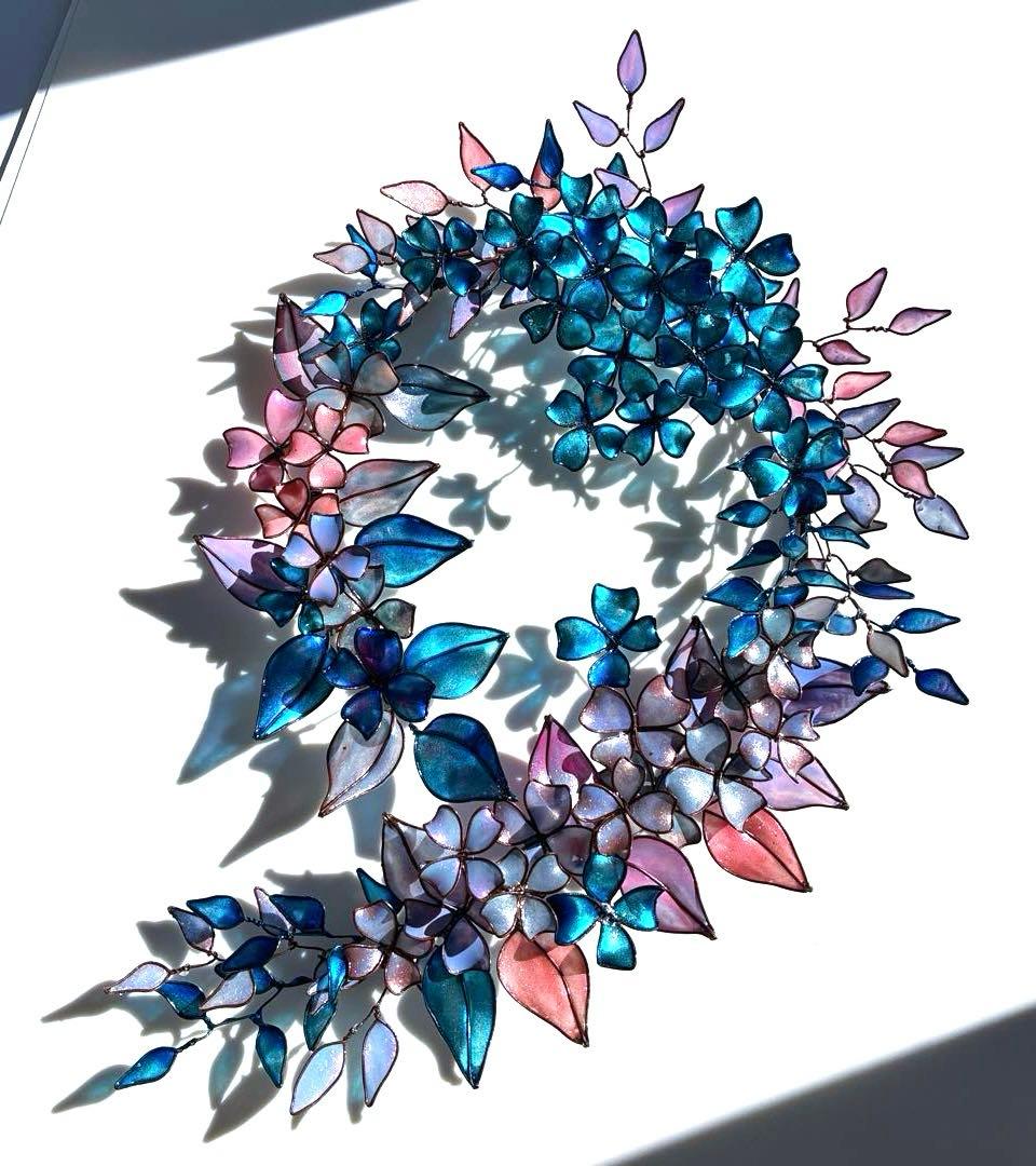 大きなフラワーボタニカルリース　ワイヤークラフト　ディップアート　アート