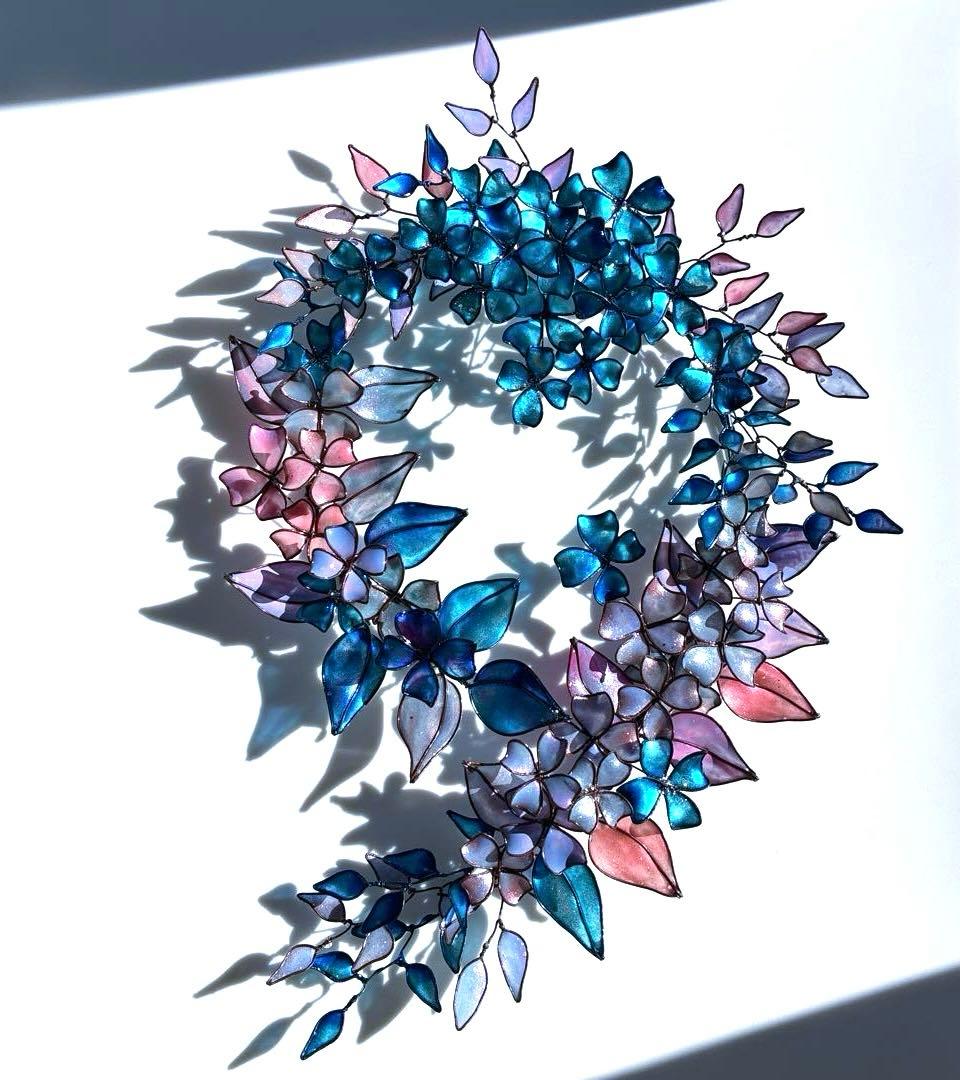 大きなフラワーボタニカルリース　ワイヤークラフト　ディップアート　アート