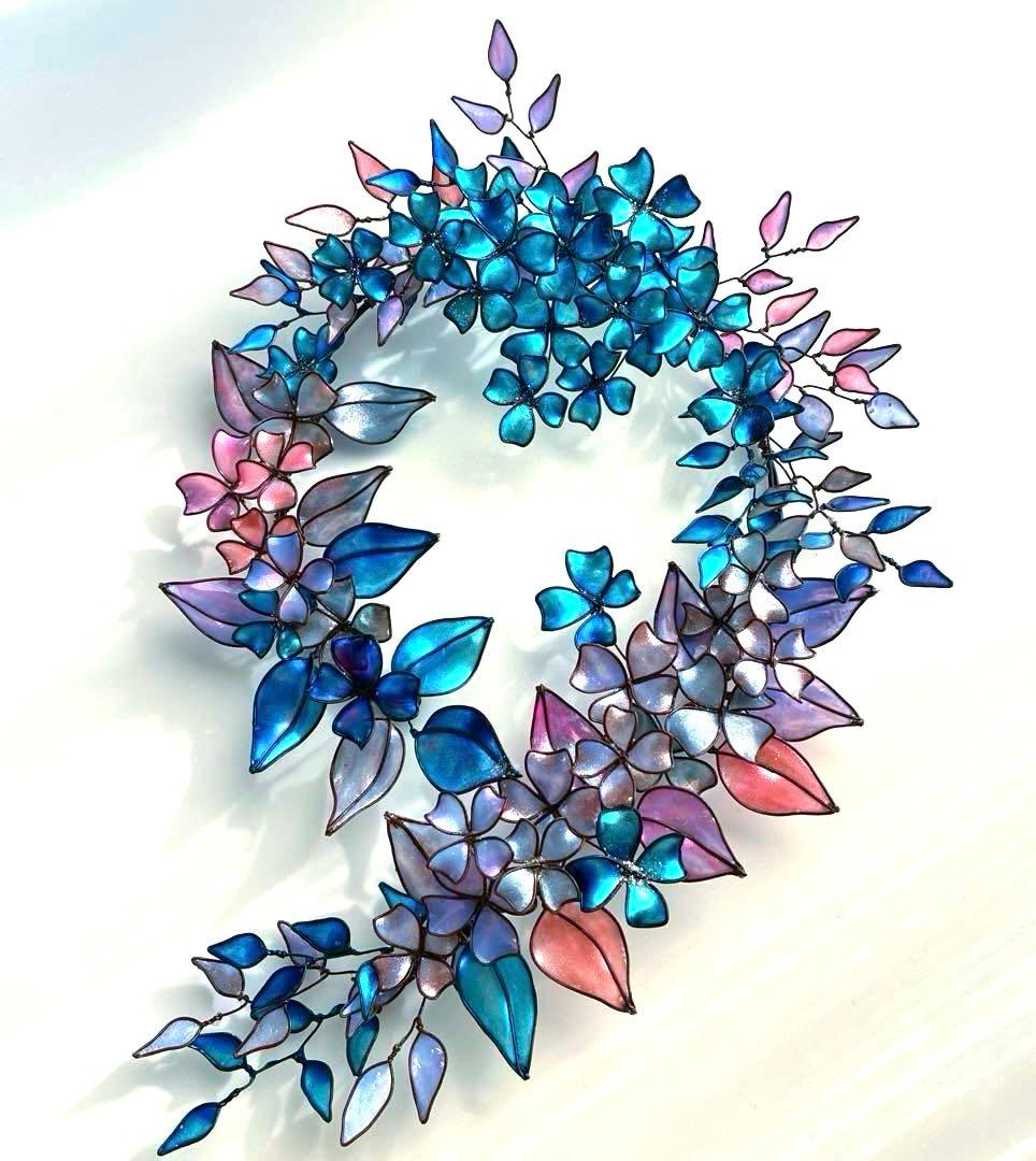 大きなフラワーボタニカルリース　ワイヤークラフト　ディップアート　アート