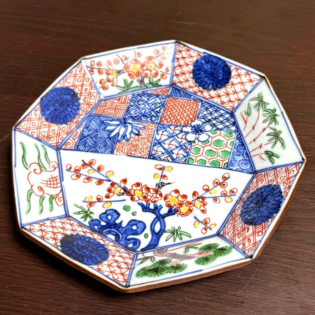 未使用保管✨九谷焼 色絵祥瑞松竹梅 4.8号 八角皿 単品✨ 須田菁華 皿 小皿