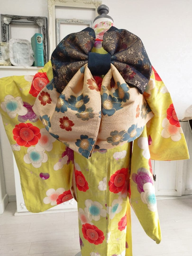 アンティークレモン色に梅の花の着物と作り帯セット
