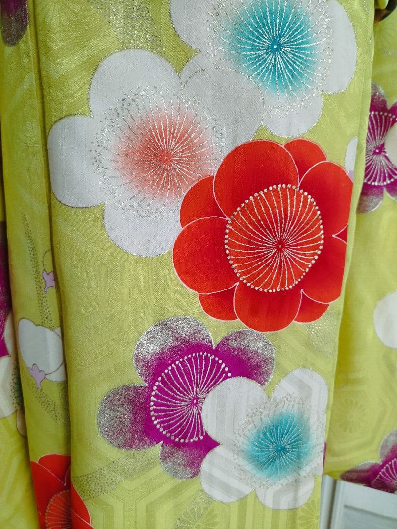 アンティークレモン色に梅の花の着物と作り帯セット