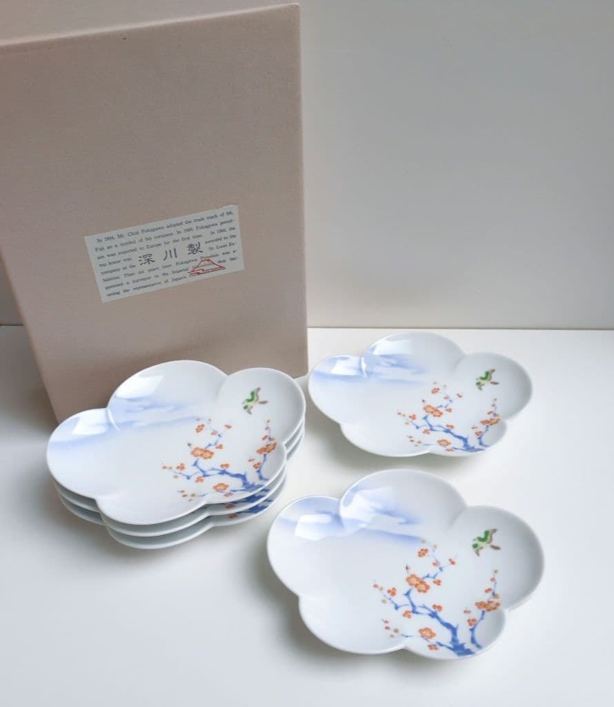 深川製磁　紅梅　鶯　梅型取皿揃5枚組
