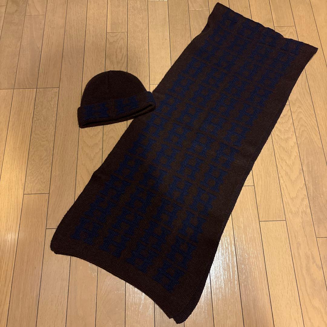 廃盤 希少 エルメス カシミヤ100H柄大判 マフラー帽子 ブラウン✖︎ネイビー