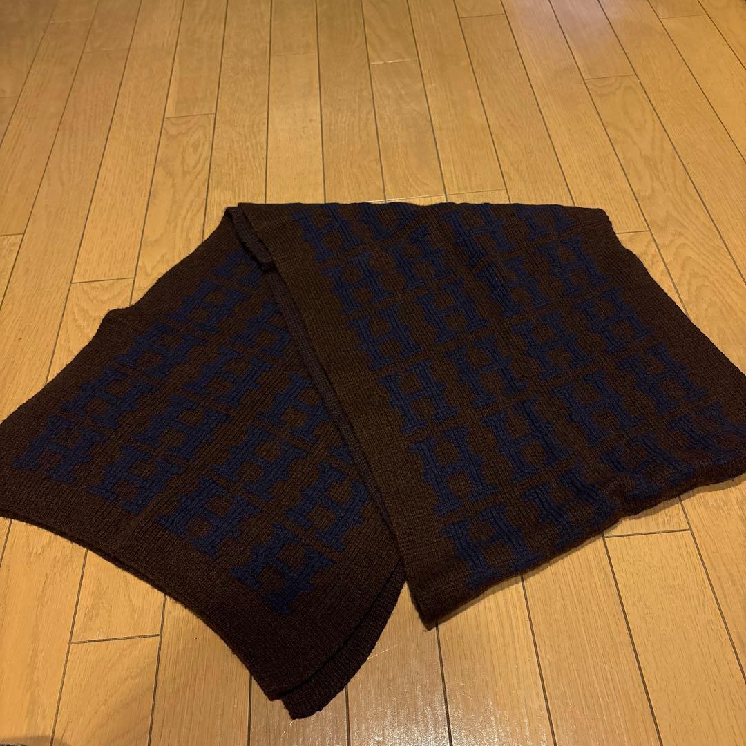 廃盤 希少 エルメス カシミヤ100H柄大判 マフラー帽子 ブラウン✖︎ネイビー