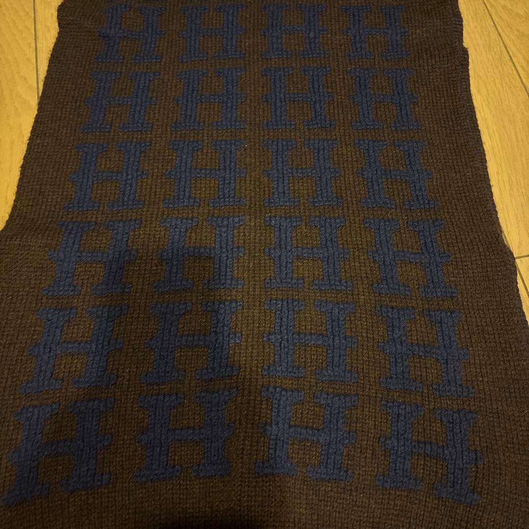 廃盤 希少 エルメス カシミヤ100H柄大判 マフラー帽子 ブラウン✖︎ネイビー