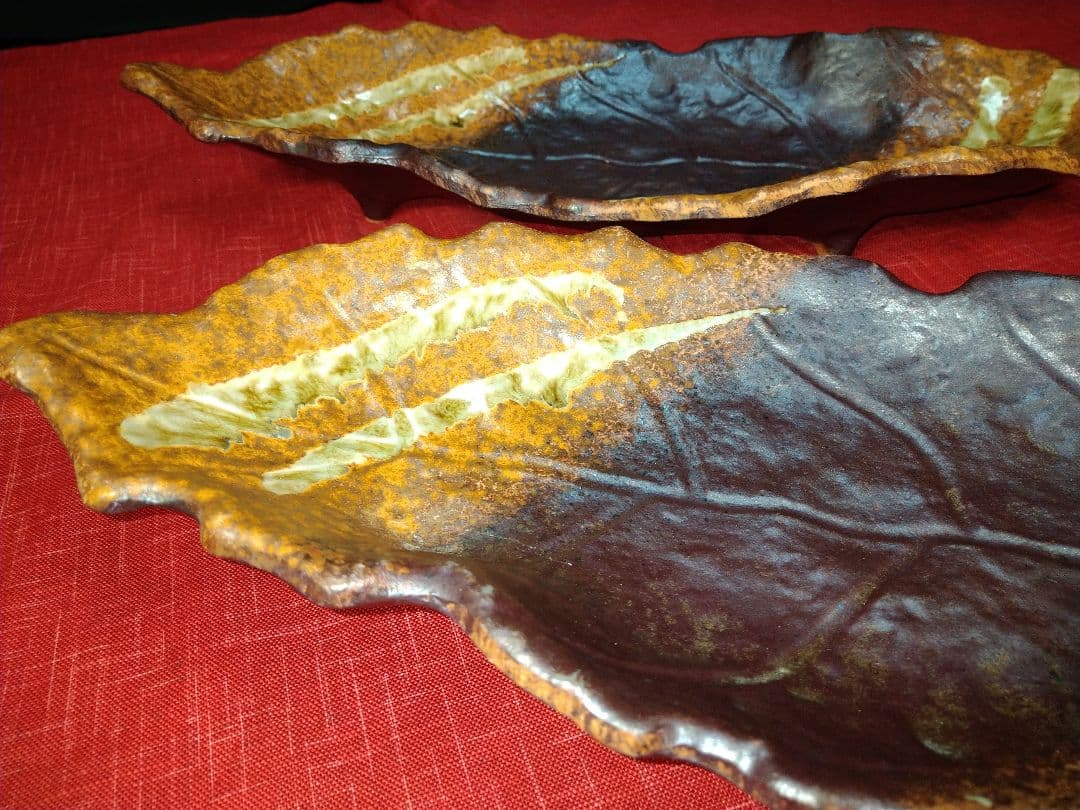 ♦プロが選ぶデザイン萬古焼大皿 ⬛南蛮一珍木の葉 ⬛４１cm特大長大皿 ２皿