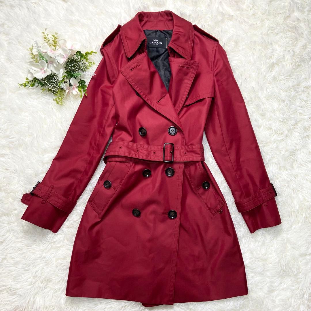 コーチ ワインレッド 秋冬トレンチコート シグネチャー ベルト付き S