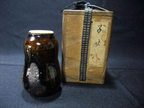 古い 茶入れ 瓢型 蓋 骨 飴釉 仕覆付 茶道具 時代物 骨董