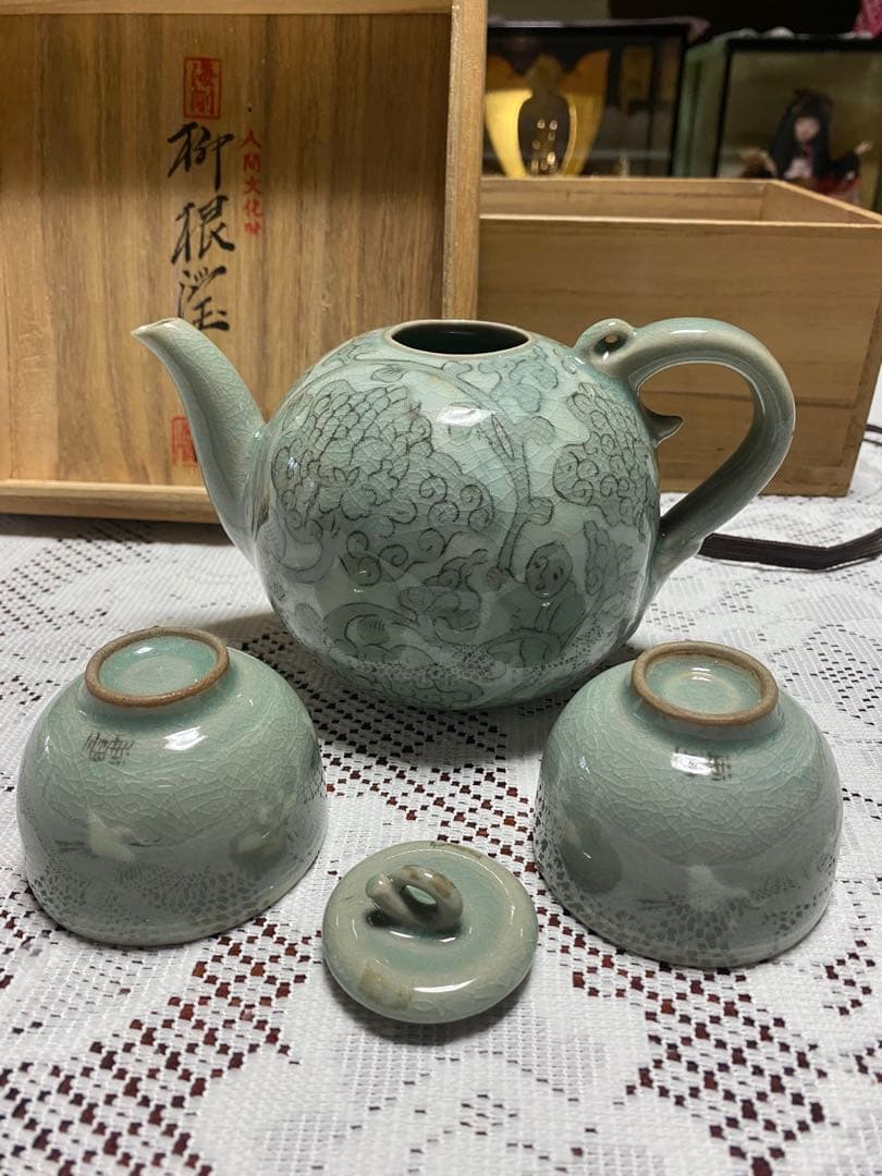 韓国人間国宝　柳海剛作　高麗青磁　茶器セット