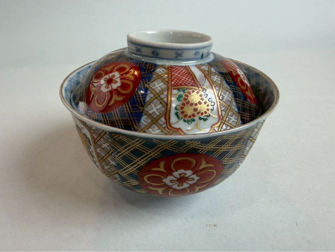 有田焼き　古伊万里　赤茶碗　蓋付き　色絵　5つ　NO.03