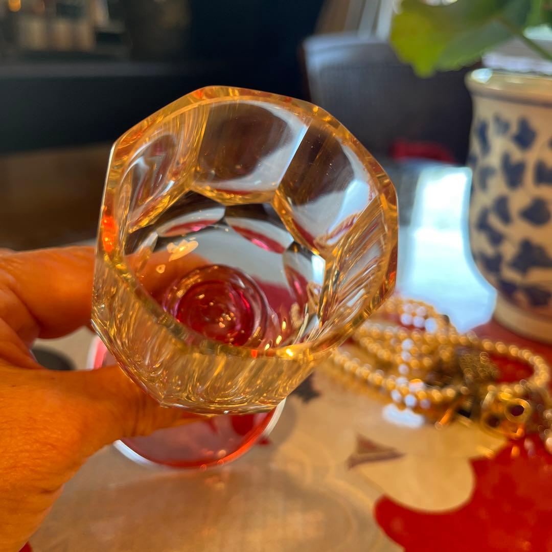 A1050 アンティーク　和ガラス　クリスタル　ワイングラス　ピンク