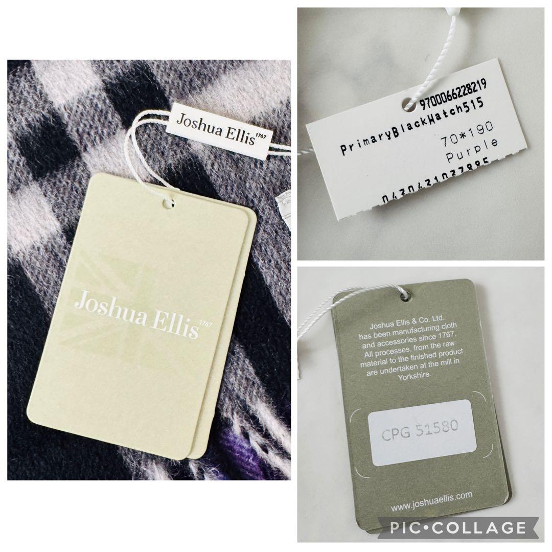 ジョシュア エリス カシミヤ100%チェックストール パープル