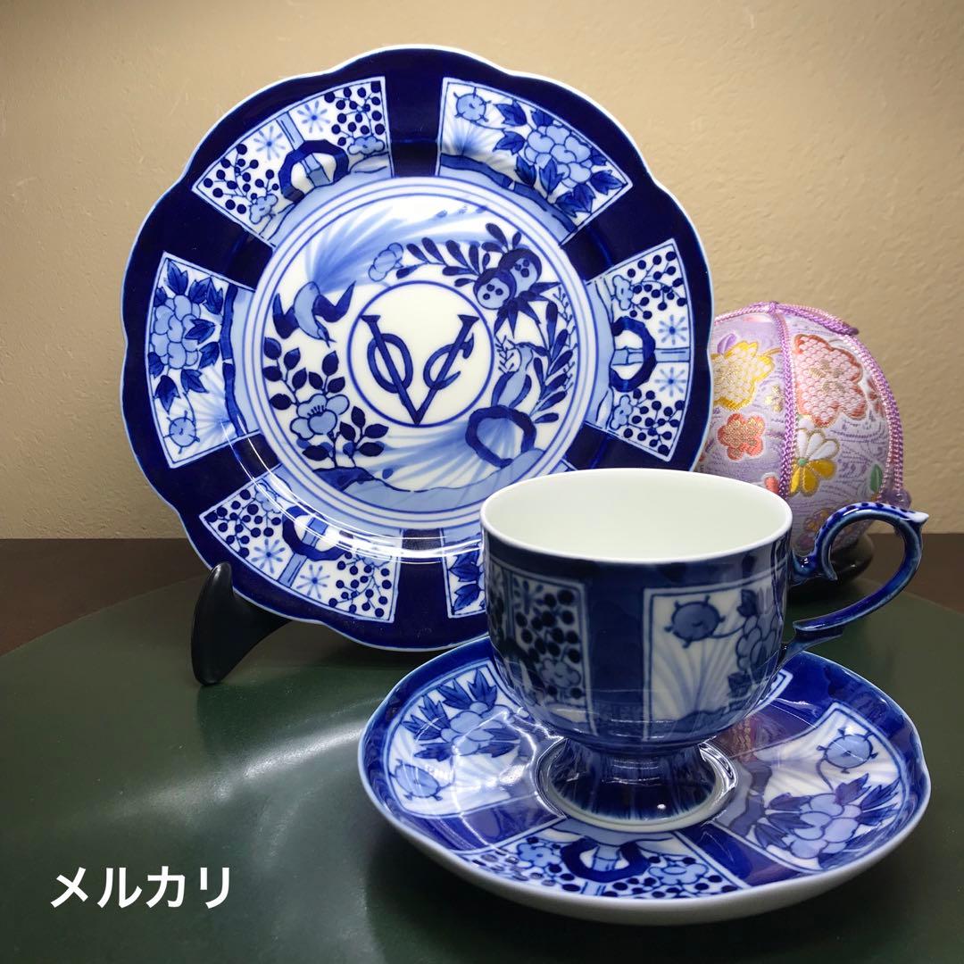 深川製磁　VOC 芙蓉手　染付高台　コーヒーカップ&ソーサーと20cm皿　希少