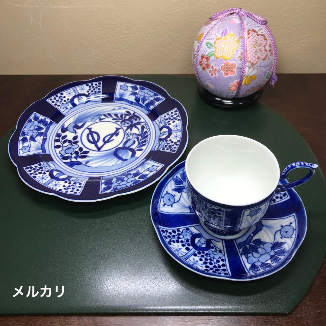 深川製磁　VOC 芙蓉手　染付高台　コーヒーカップ&ソーサーと20cm皿　希少