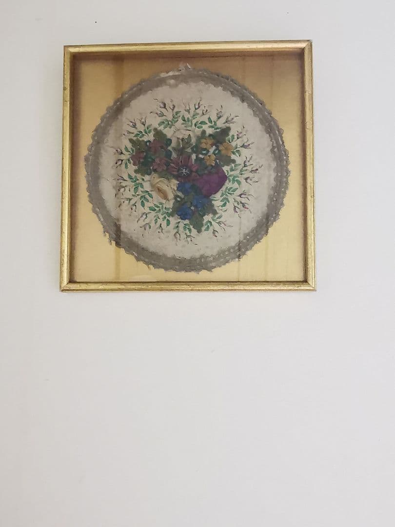 アンティーク シルクリボンアートフラワー＆手彩色ローズ ビーズレース＆金フレーム