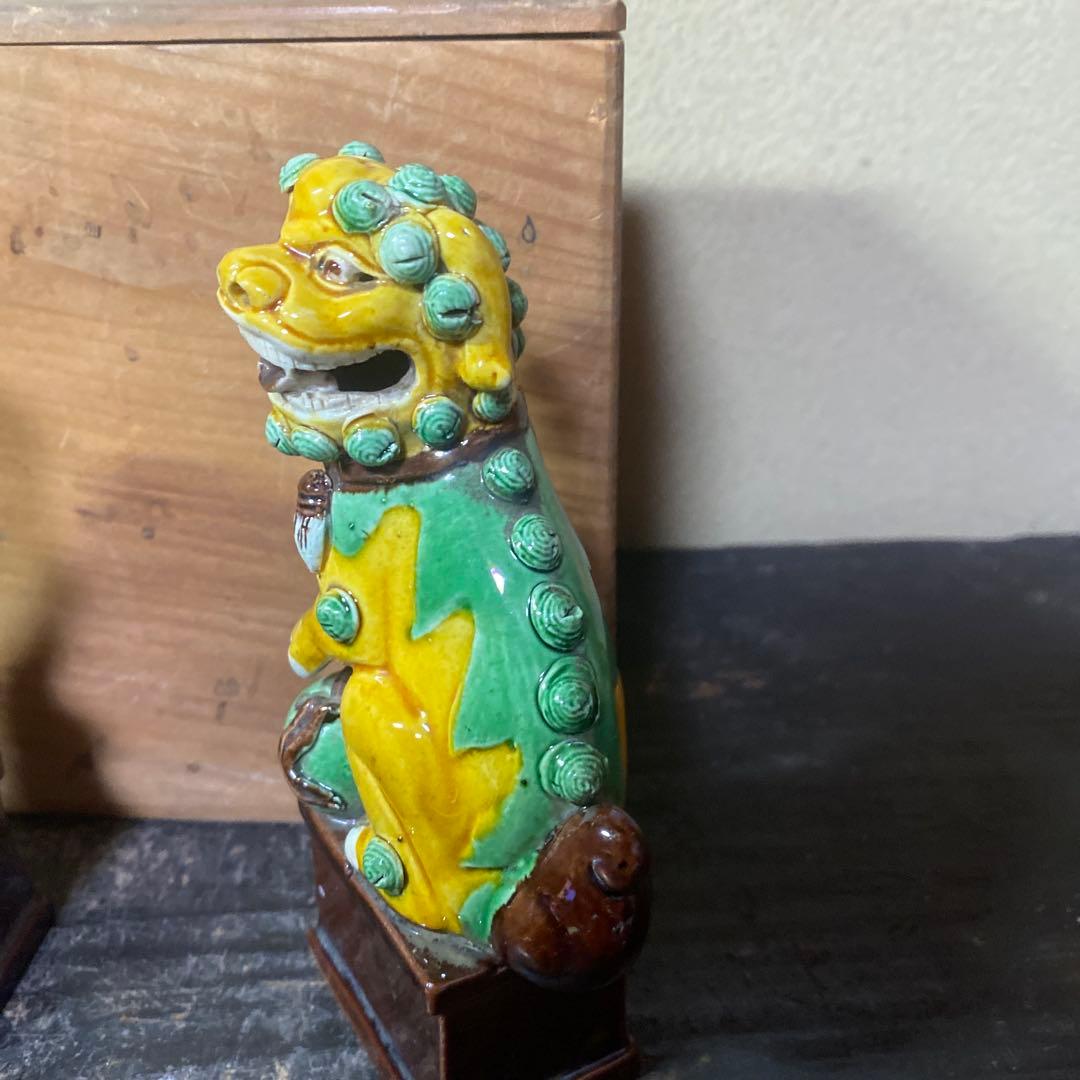 中国古玩　唐獅子一対【桐箱付】