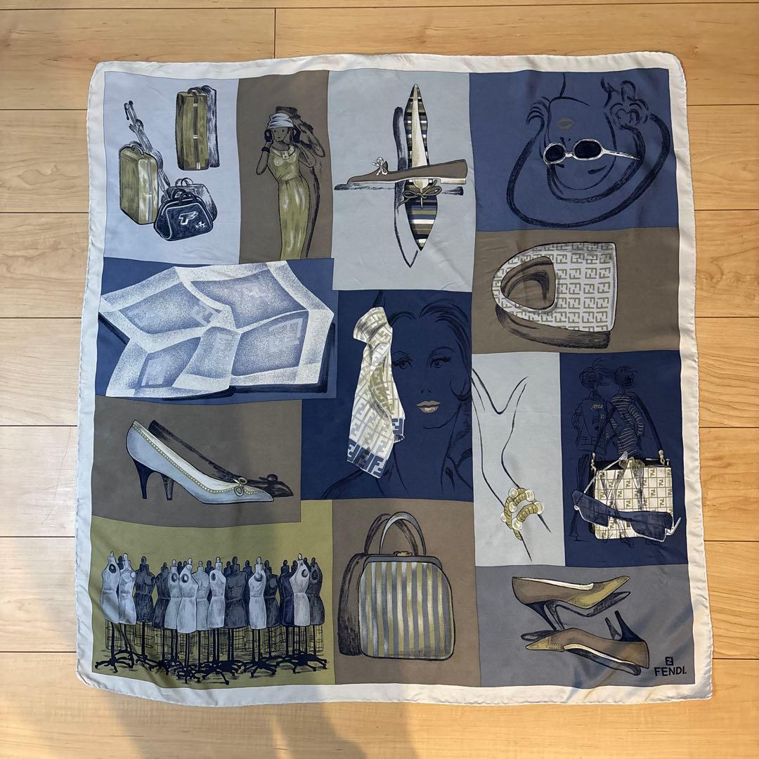 【希少・美品】FENDI フェンディ シルクスカーフ ヴィンテージ イラスト柄