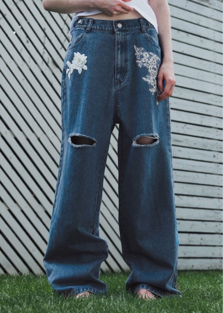 パンツ size adjust motif lace loose denim PT