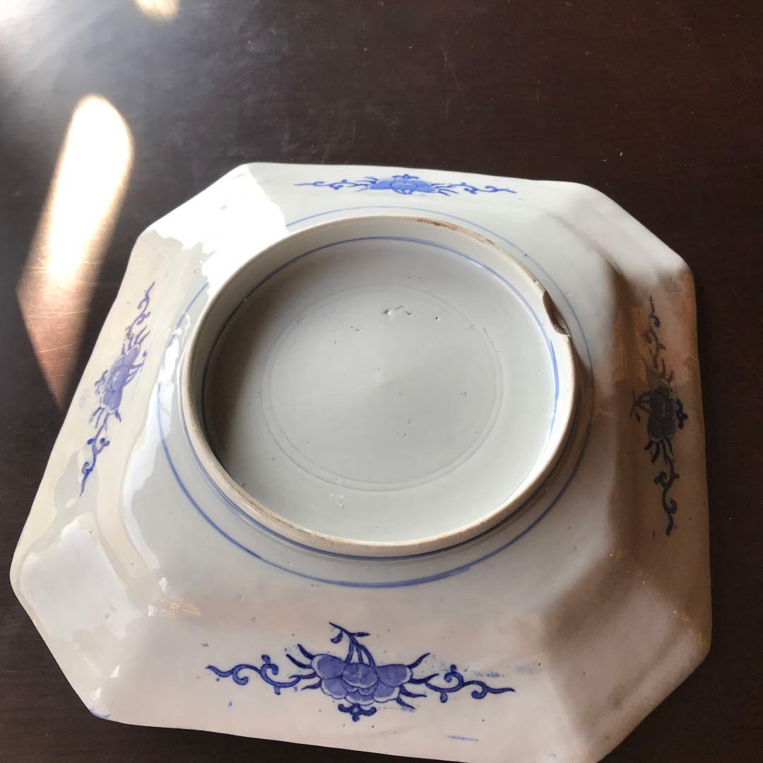 美品　陶器　年代物　盛り皿　角皿　八角絵皿　丁寧に描かれた雷鳥や菊の絵柄が素敵な
