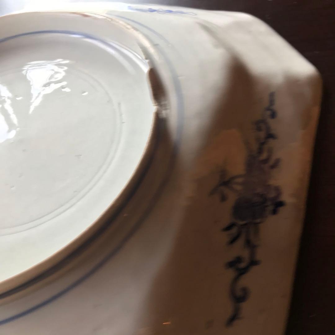 美品　陶器　年代物　盛り皿　角皿　八角絵皿　丁寧に描かれた雷鳥や菊の絵柄が素敵な