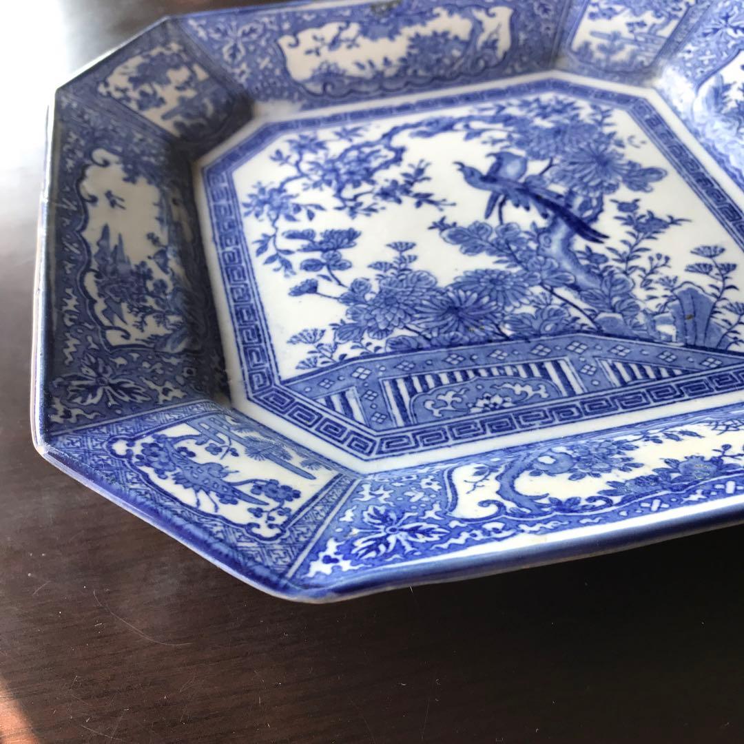 美品　陶器　年代物　盛り皿　角皿　八角絵皿　丁寧に描かれた雷鳥や菊の絵柄が素敵な