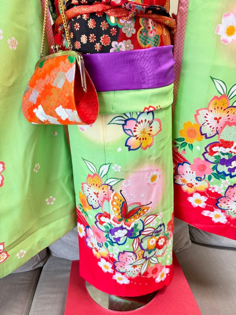 7歳七五三セット　着物草履バッグ付き　黄緑系①