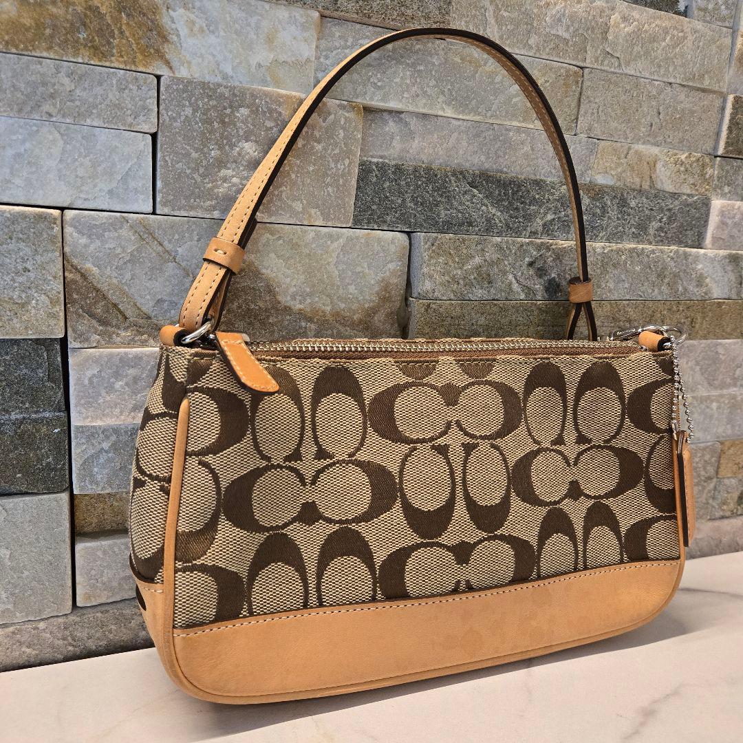 美品　COACH　コーチ　ポーチ　ハンドバッグ　キャンバス　レザー　シグネチャー