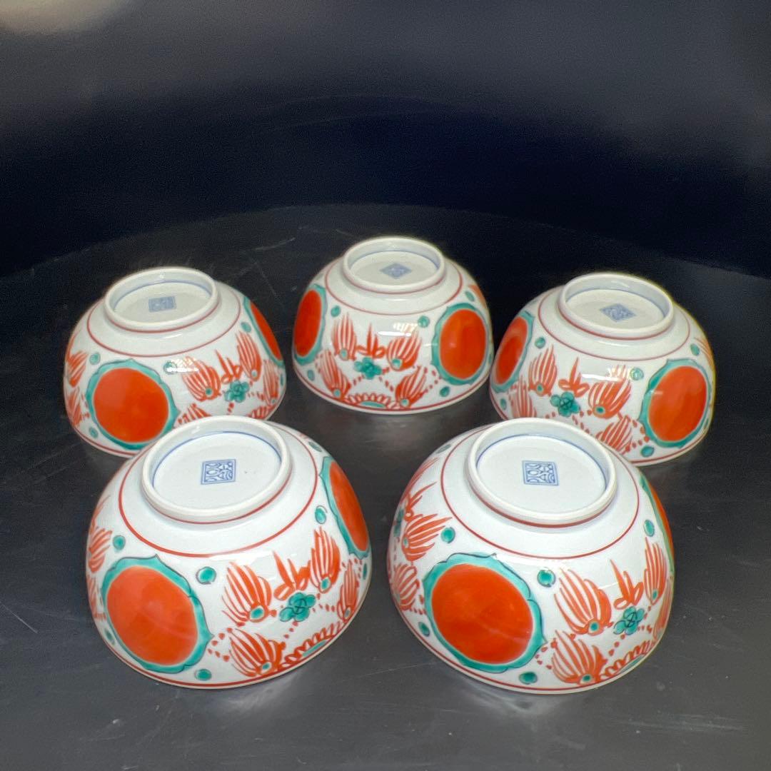 平安馬場京泉　穎川写赤絵蓋向付5客　共箱　身口径12.4㎝東Y7-0926⭐︎2F